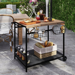 Outdoor Bar Cart Patio Serving Cart with Wine Holders Natural