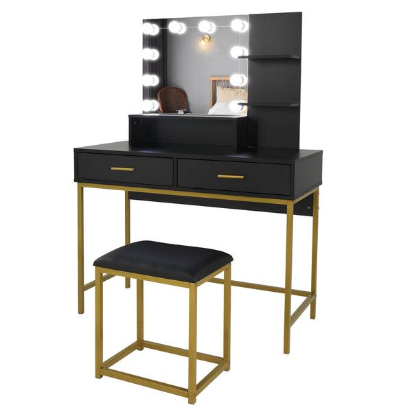 Black, Particleboard, Steel Frame, Two-drawer, Dressing Table Set, Light Luxury