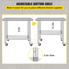 VEVOR Stainless Steel  Commercial Food Prep Worktable With Casters