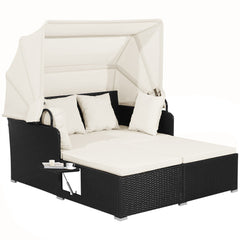 Patio Rattan Daybed With Retractable Canopy And Side Tables