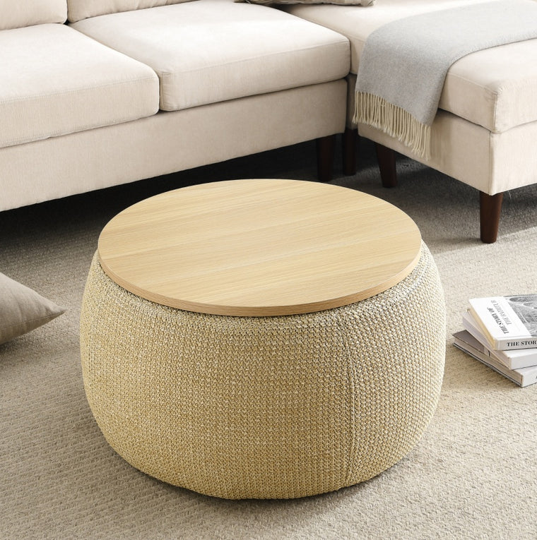 2-in-1 Round Storage Ottoman  End Table, Natural 25.5x25.5x14.5