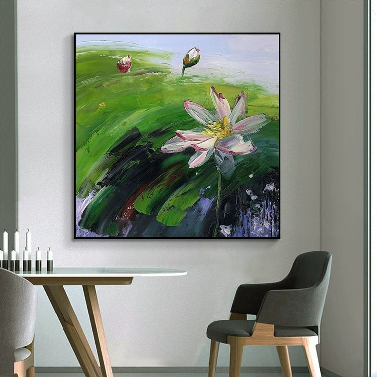Abstract Countryside Oil Painting Hand Painted Rural Landscape With Lotus Flowers Canvas Wall Art For Home Dining Room Decor