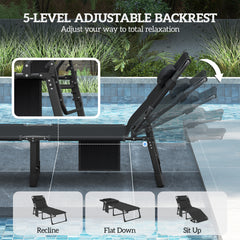 Folding Chaise Lounge Chair Outdoor Tanning Chair with 5-Position Backrest, Cushion, Side Pocket, Black