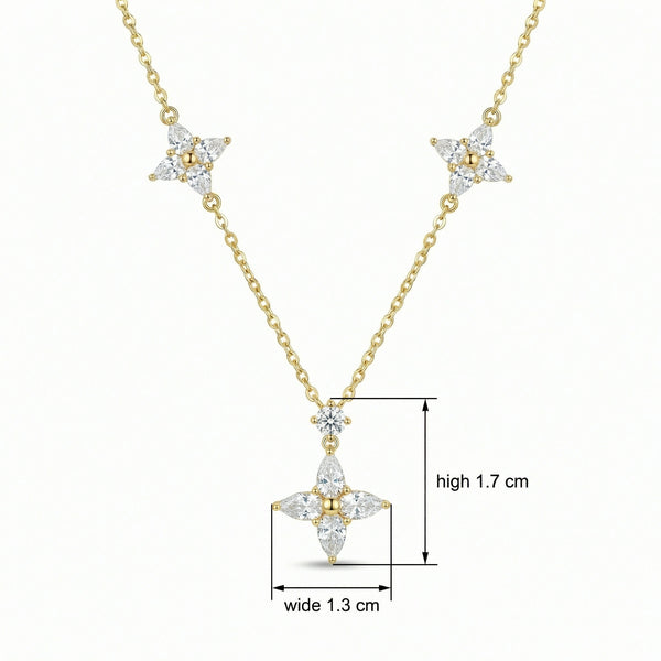 925 Sterling Silver Gold Plated Elegant Marquise Diamond Triple Floral Necklace