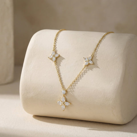 925 Sterling Silver Gold Plated Elegant Marquise Diamond Triple Floral Necklace