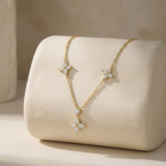 925 Sterling Silver Gold Plated Elegant Marquise Diamond Triple Floral Necklace
