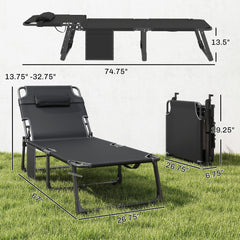 Folding Chaise Lounge Chair Outdoor Tanning Chair with 5-Position Backrest, Cushion, Side Pocket, Black
