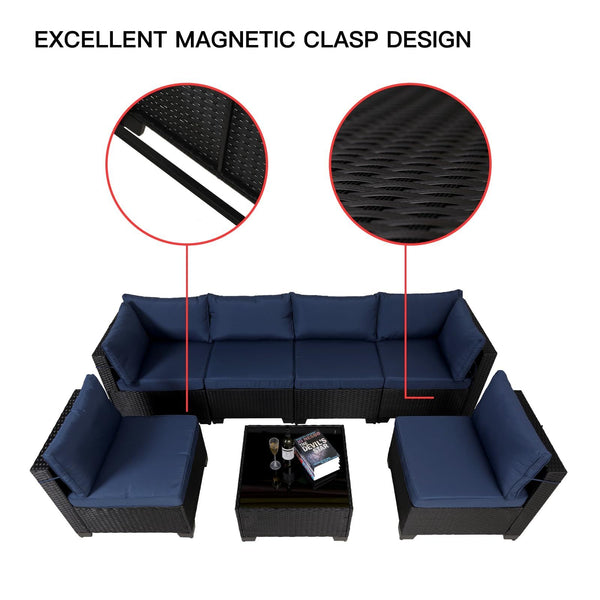 7 Pieces Outdoor Rattan Patio Sectional Set, Black Wicker Furniture Conversation Sets With Washable Cushions & Glass Coffee Table For Garden, Poolside, Backyard