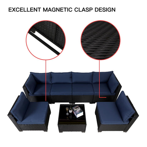 7 Pieces Outdoor Rattan Patio Sectional Set, Black Wicker Furniture Conversation Sets With Washable Cushions & Glass Coffee Table For Garden, Poolside, Backyard
