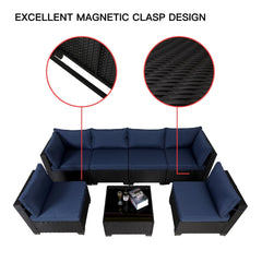 7 Pieces Outdoor Rattan Patio Sectional Set, Black Wicker Furniture Conversation Sets With Washable Cushions & Glass Coffee Table For Garden, Poolside, Backyard