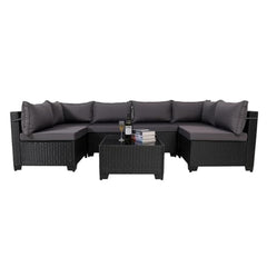 7 Pieces Outdoor Rattan Patio Sectional Set, Black Wicker Furniture Conversation Sets With Washable Cushions & Glass Coffee Table For Garden, Poolside, Backyard