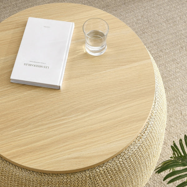 2-in-1 Round Storage Ottoman  End Table, Natural 25.5x25.5x14.5