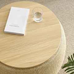2-in-1 Round Storage Ottoman  End Table, Natural 25.5x25.5x14.5