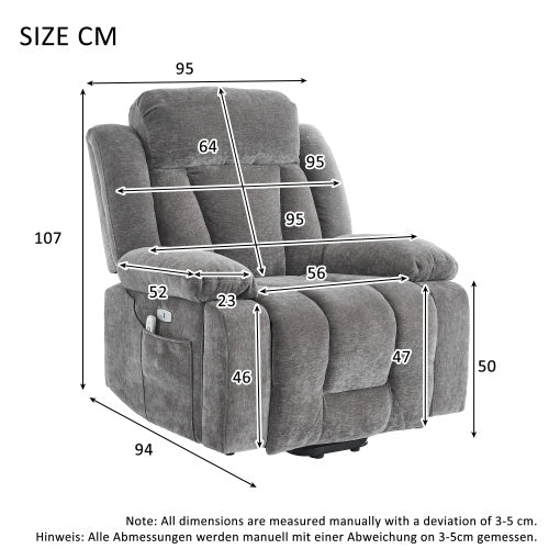 Electric Power Lift Recliner Chair Sofa With Massage And Heat For Elderly, Heavy Duty And Safety Motion Reclining Mechanism Fabric Sofa With Storage Pocket, Cup Holders,USB Ports