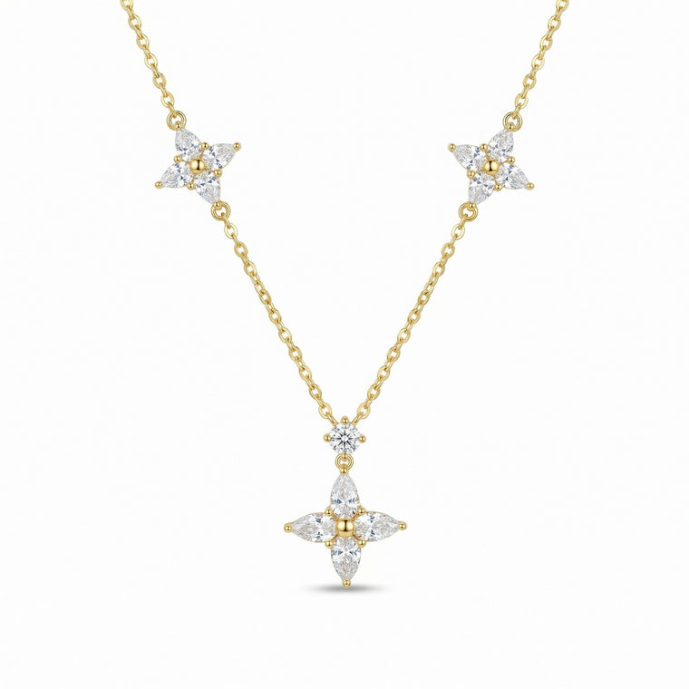 925 Sterling Silver Gold Plated Elegant Marquise Diamond Triple Floral Necklace