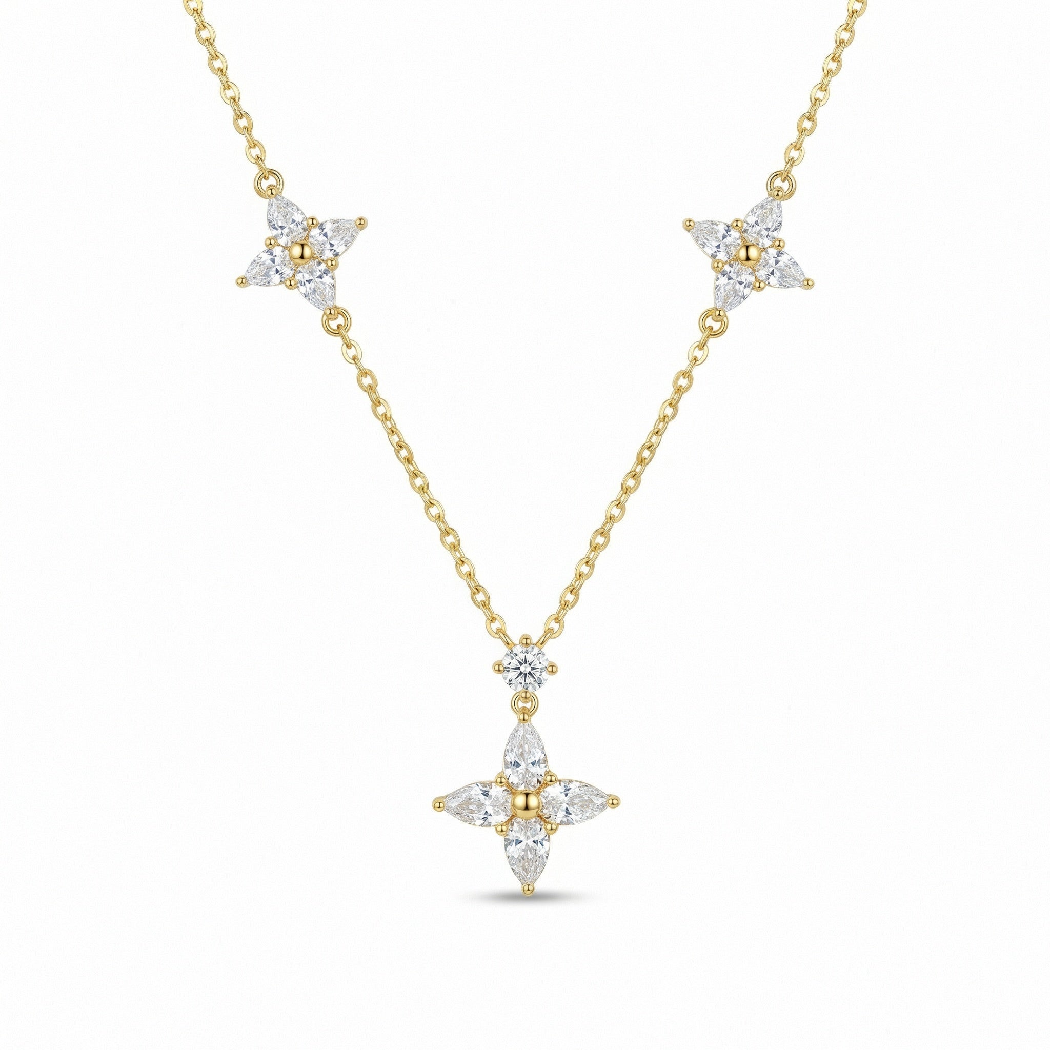 925 Sterling Silver Gold Plated Elegant Marquise Diamond Triple Floral Necklace