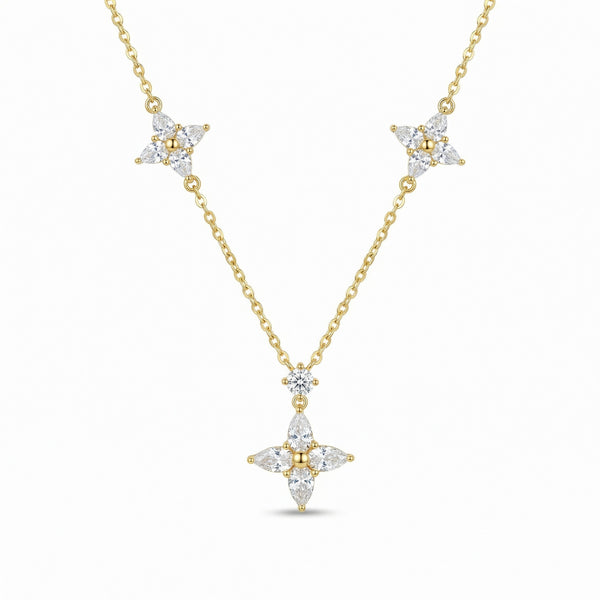 925 Sterling Silver Gold Plated Elegant Marquise Diamond Triple Floral Necklace