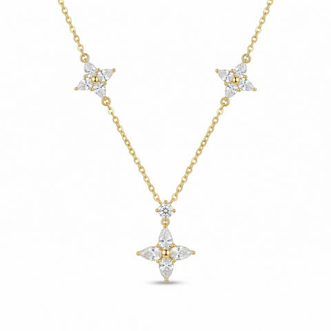 925 Sterling Silver Gold Plated Elegant Marquise Diamond Triple Floral Necklace