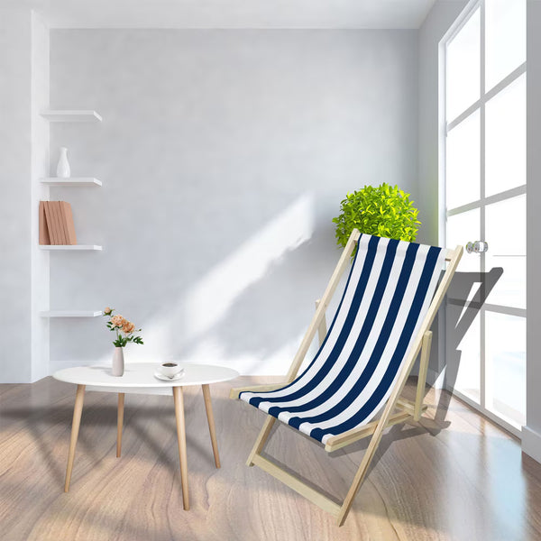 Wood Sling Chair Blue Stripe Broad Blue Stripe  Dark Blue Folding Chaise Lounge Chair