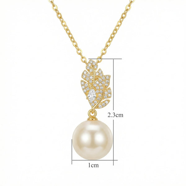 925 Sterling Silver Lustrous Round Pearl and Sparkling Leaf Motif Pendant Necklace