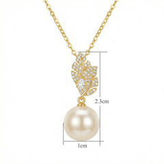 925 Sterling Silver Lustrous Round Pearl and Sparkling Leaf Motif Pendant Necklace
