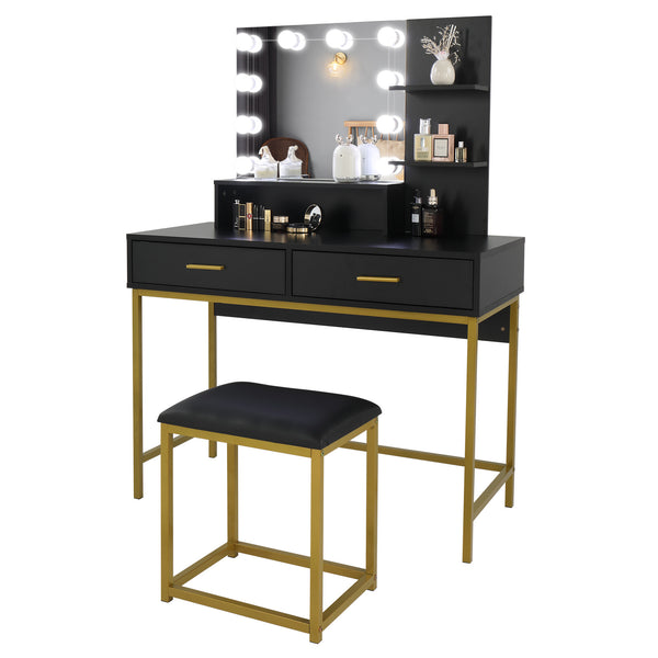Black, Particleboard, Steel Frame, Two-drawer, Dressing Table Set, Light Luxury