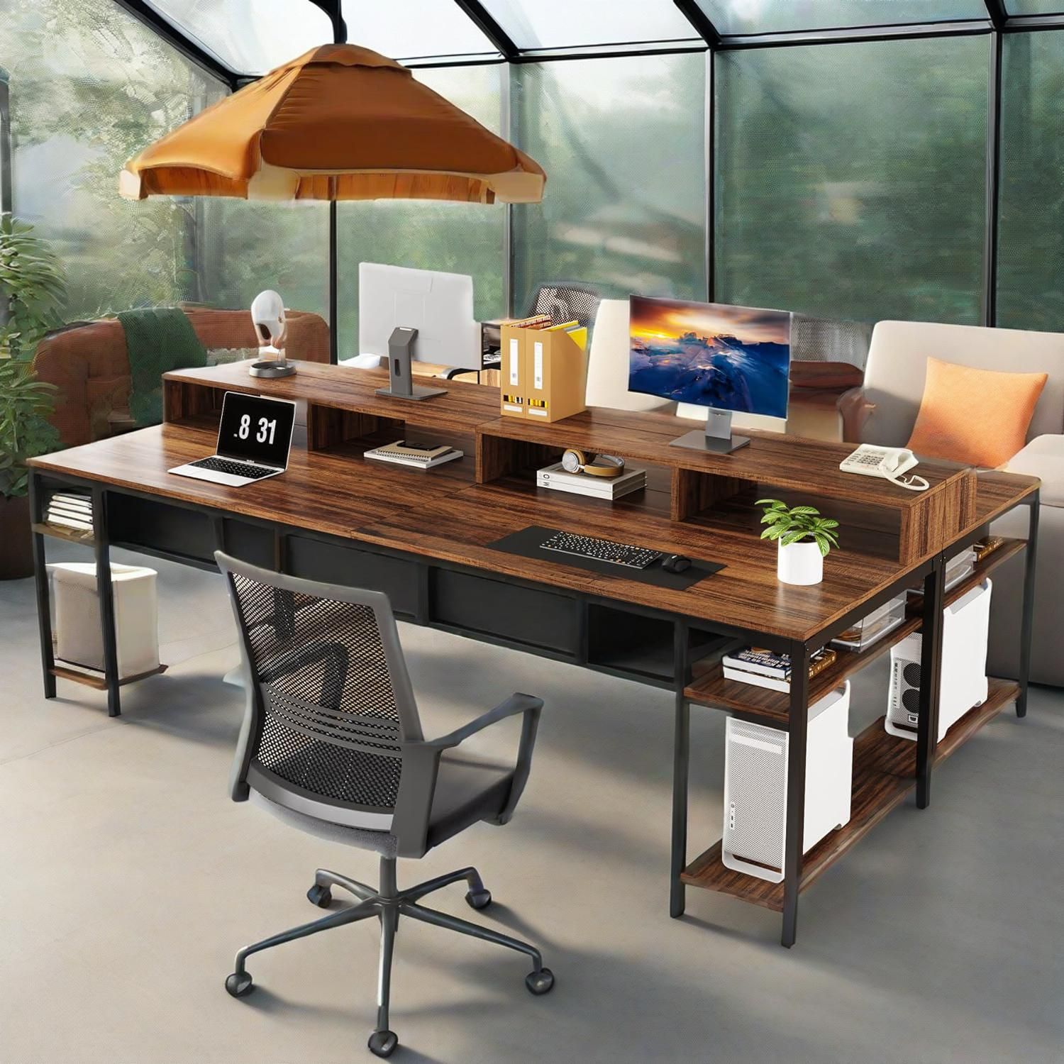 Long Double Computer Office Desk With Storage Shelves