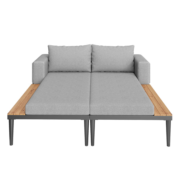 Modular Outdoor Double Chaise Lounge With Wooden Side Panels, Waterproof Cushions