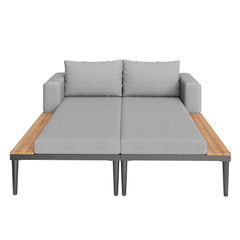 Modular Outdoor Double Chaise Lounge With Wooden Side Panels, Waterproof Cushions