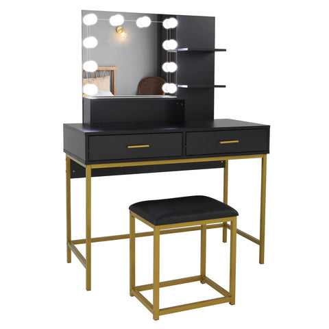Black, Particleboard, Steel Frame, Two-drawer, Dressing Table Set, Light Luxury