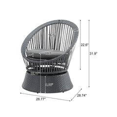 26.7 Modern Gray Wicker Lounge Chair With Rattan And Iron Frame, Featuring A Stylish Round Design, Perfect For Living Room, Patio, Or Balcony Relaxation