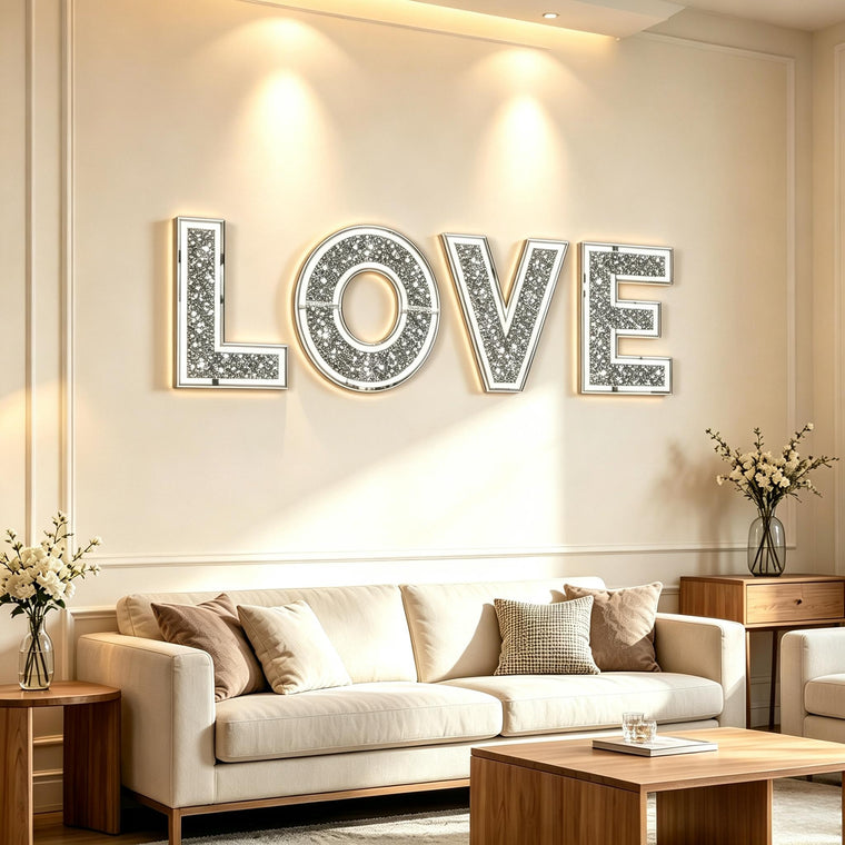 Luxury Crushed Diamond Mirrored LOVE 3D Letters Sign, Silver Sparkling Crystal