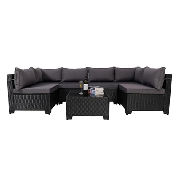 7 Pieces Outdoor Rattan Patio Sectional Set, Black Wicker Furniture Conversation Sets With Washable Cushions & Glass Coffee Table For Garden, Poolside, Backyard
