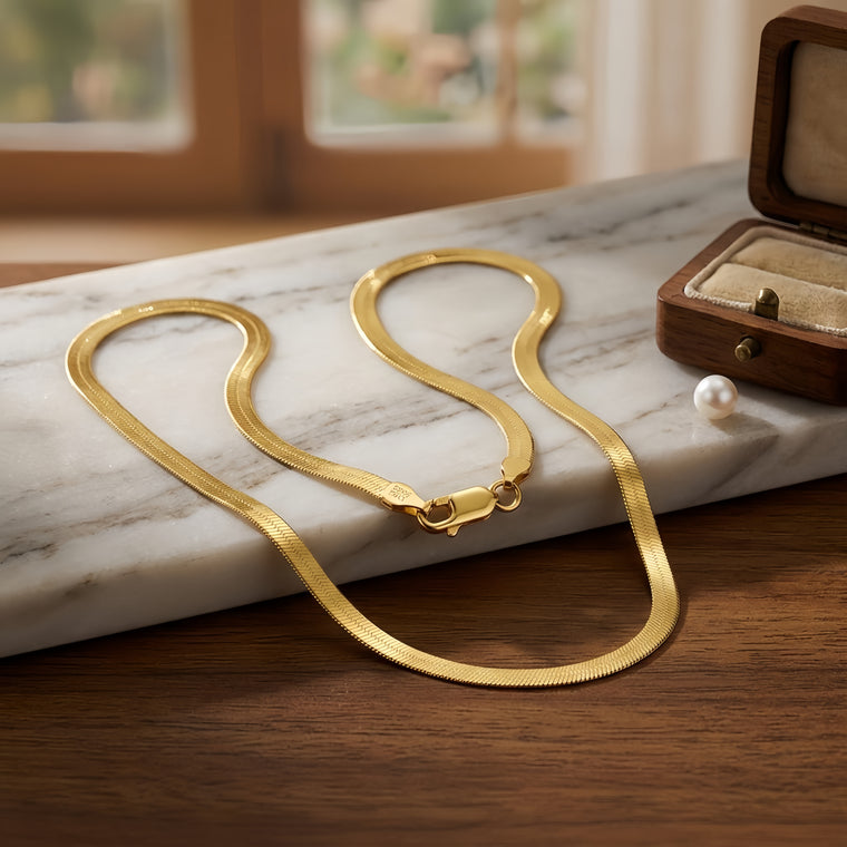 Sleek Elegant High Quality Gold Plated Herringbone Chain Necklace