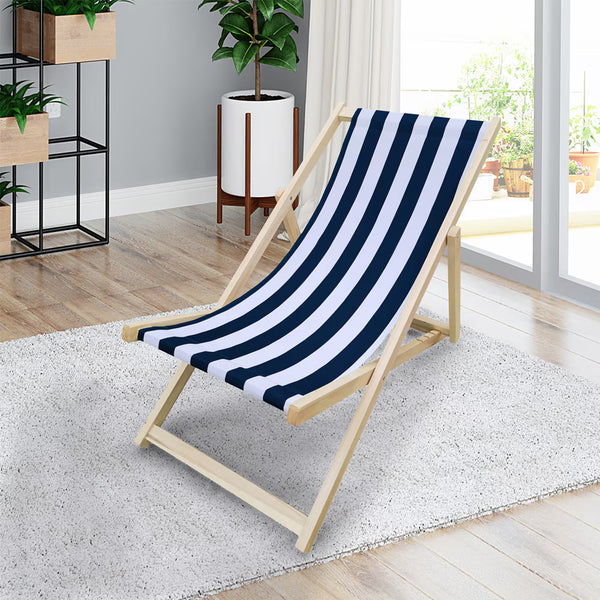 Wood Sling Chair Blue Stripe Broad Blue Stripe  Dark Blue Folding Chaise Lounge Chair