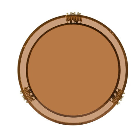 Modern Brown Glass Coffee Table, Asymmetrical Metal, Circular Metal Drum Base, Gold Finish  Lower Shelf