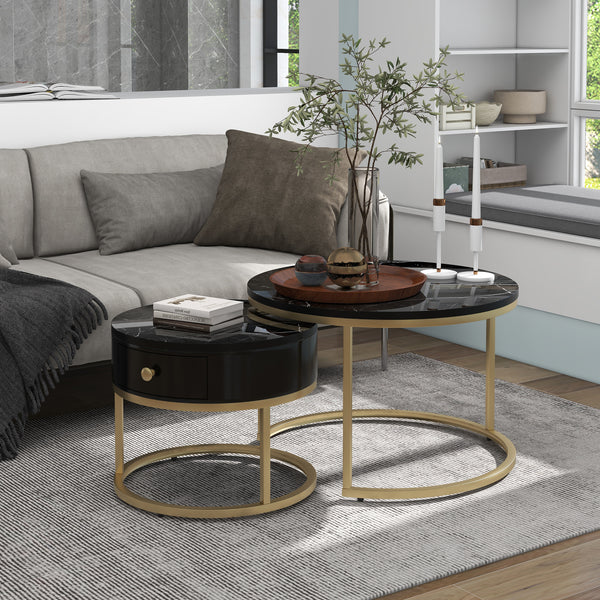 Nesting Tables With Storage Gold Metal Frame Legs And Marble Pattern