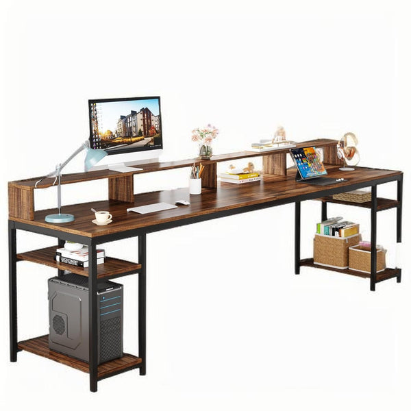 Long Double Computer Office Desk With Storage Shelves