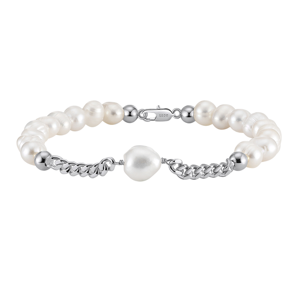 Sterling Silver Elegant Pearl and Sterling  Chain Bracelet with Teardrop Accent