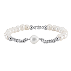 Sterling Silver Elegant Pearl and Sterling  Chain Bracelet with Teardrop Accent