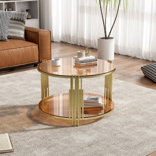 Modern Brown Glass Coffee Table, Asymmetrical Metal, Circular Metal Drum Base, Gold Finish  Lower Shelf