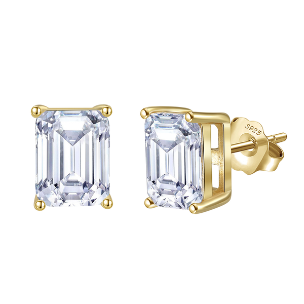 925 Sterling Silver Elegant Emerald Cut CZ Stud Earrings in Gold-Plated Sterling