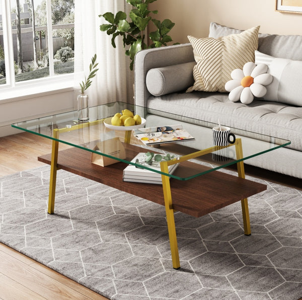 Modern Rectangle Coffee Table with Tempered Glass Tabletop