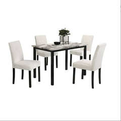 White Wool Fabric Chairs Faux Marble Top Table 5pc Dining Set