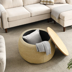 2-in-1 Round Storage Ottoman  End Table, Natural 25.5x25.5x14.5
