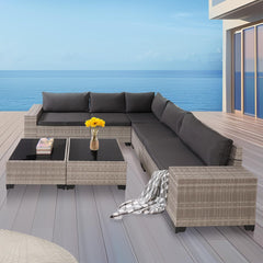 7-Piece Outdoor Patio Furniture Sets, All-Weather Wicker Rattan Sectional Sofa, Modern Two Glass Coffee Table And Washable Seat Cushion
