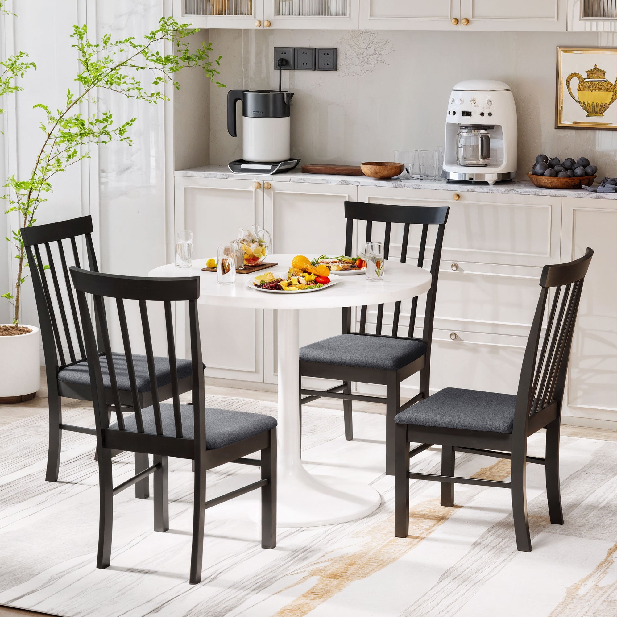 Wooden Dining Chairs Set Of 4, Farmhouse Upholstered Kitchen Chairs With Rubber Wood Frame, Black And Gray