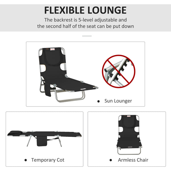 Folding Outdoor Chaise Lounge Sun Tanning Chair With Face Cavity, Pillow, 5-level Adjustable For Beach, Pool, Black