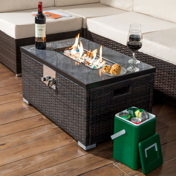 Outdoor Fire Table Propane Pit Rattan With Tile Tabletop