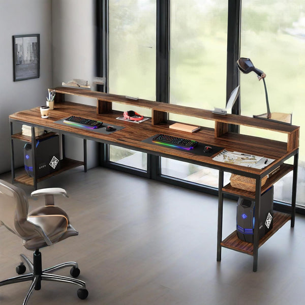 Long Double Computer Office Desk With Storage Shelves